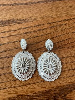 Silver Oval Concho Drop Earrings